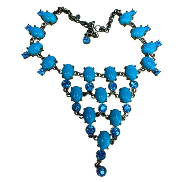 Suzanne Somers Glass Cabochon Bib Necklace Turquoise Blue Rhinestone Adjustable - Picture 2 of 7